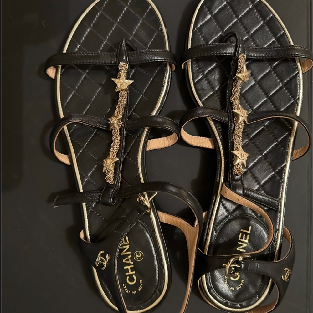 Chanel Black Strappy Sandals with Gold Accents